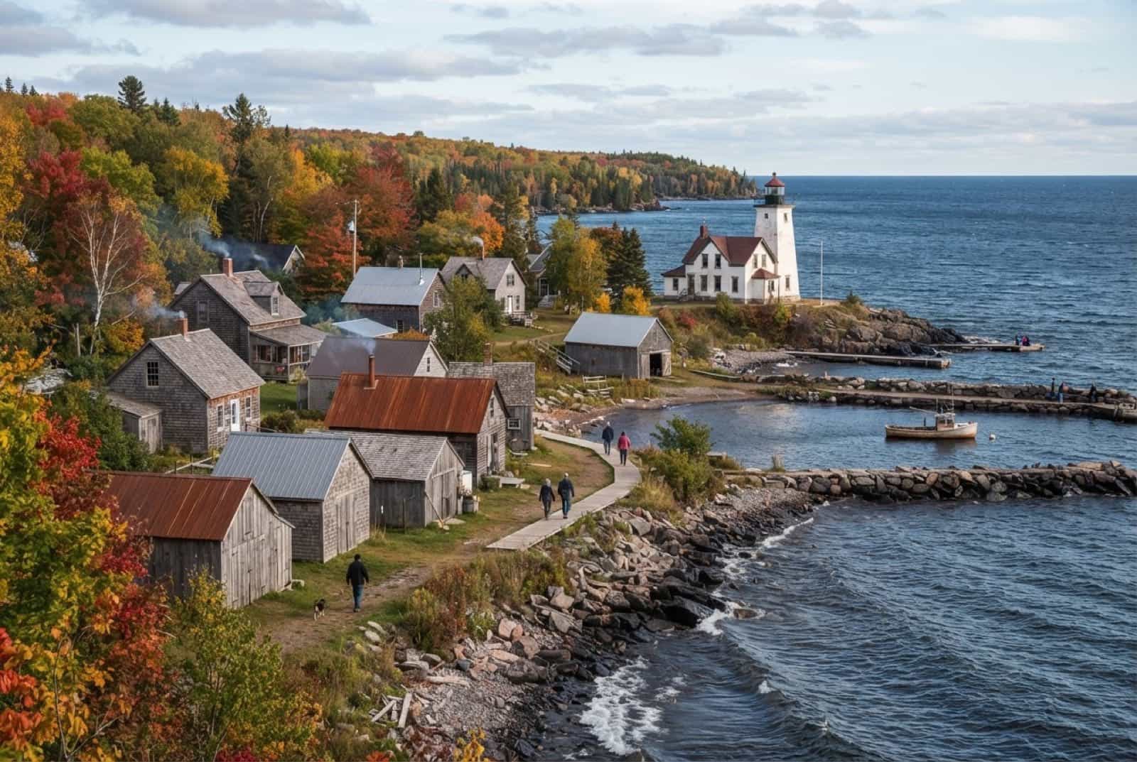 Great Lakes shoreline village homes with steel and shingle roofs in early autumn