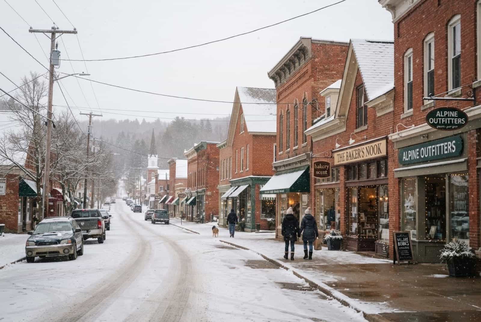Small northern Michigan downtown street with pitched shingle roofs in light snow