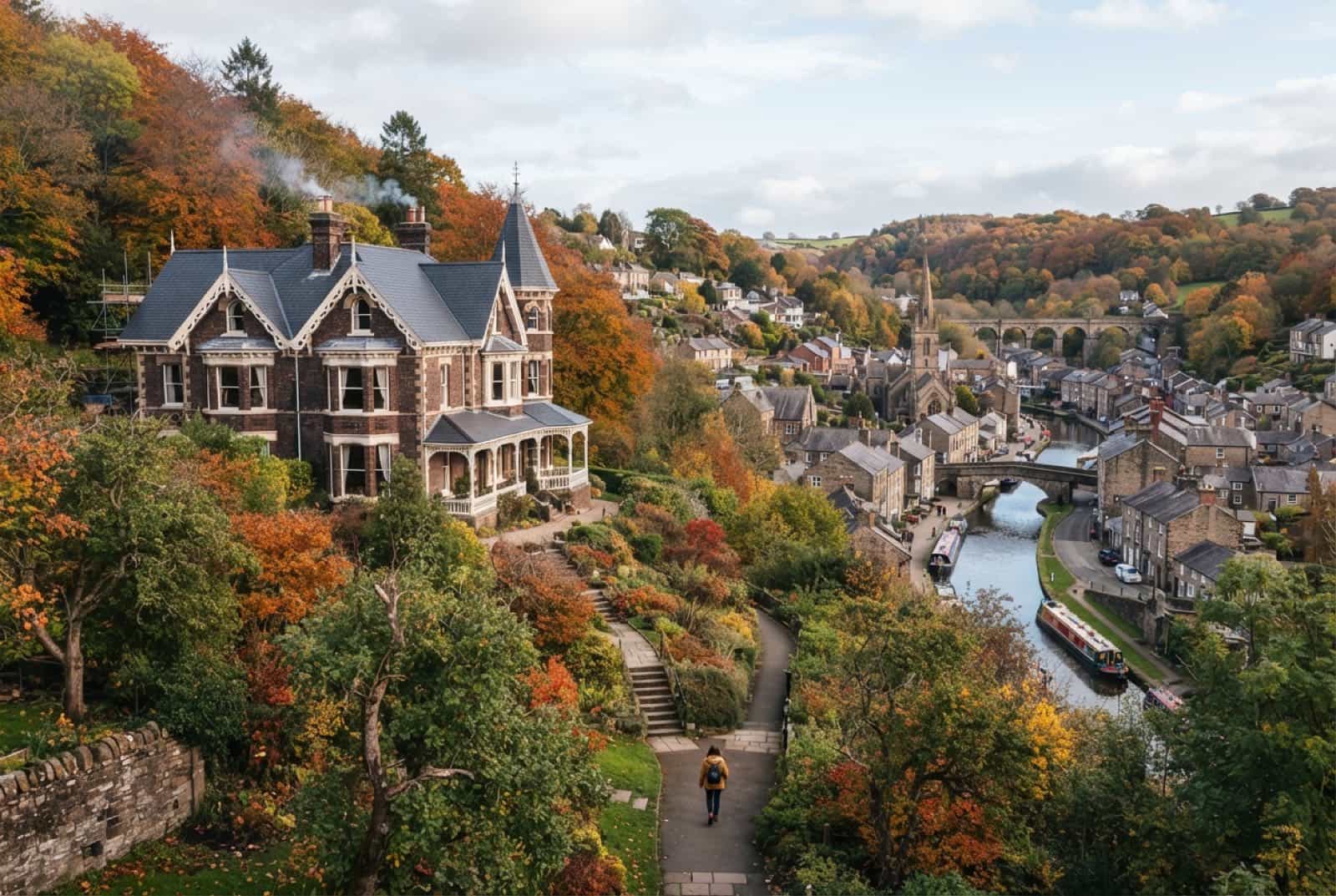 Victorian hillside home with a steep new asphalt shingle roof above a canal town in autumn