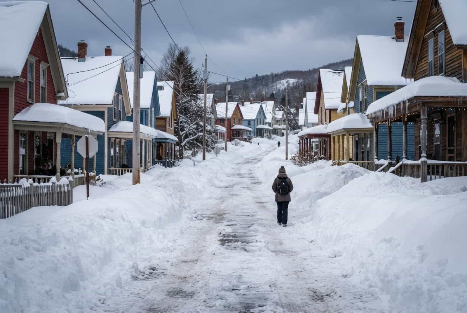 Historic mining-town houses with steep snow-covered roofs and deep snowbanks in the Keweenaw