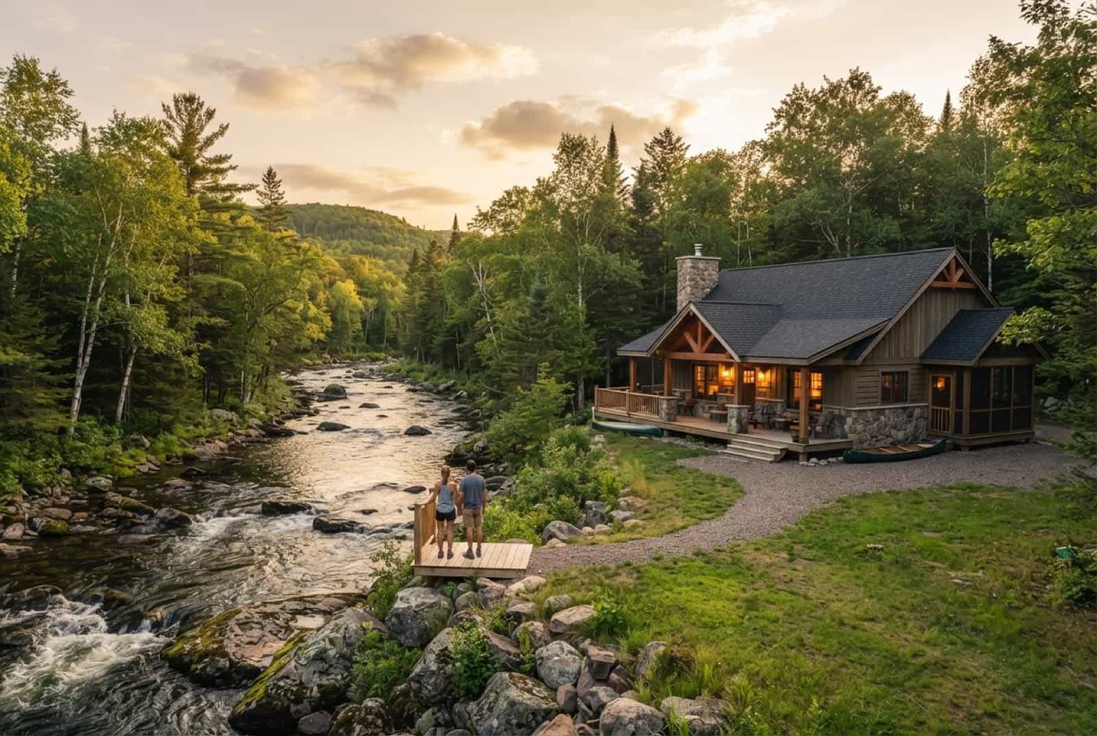 Ranch home with a fresh shingle roof beside a rocky Northwoods river in summer