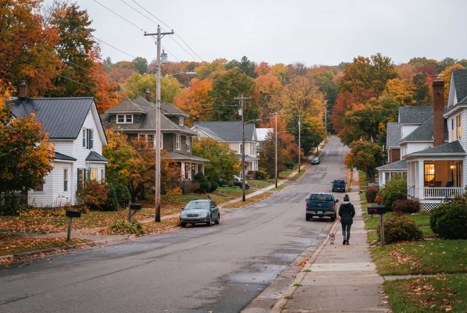 Residential street on the UP–Wisconsin border with mixed metal and shingle roofs in fall
