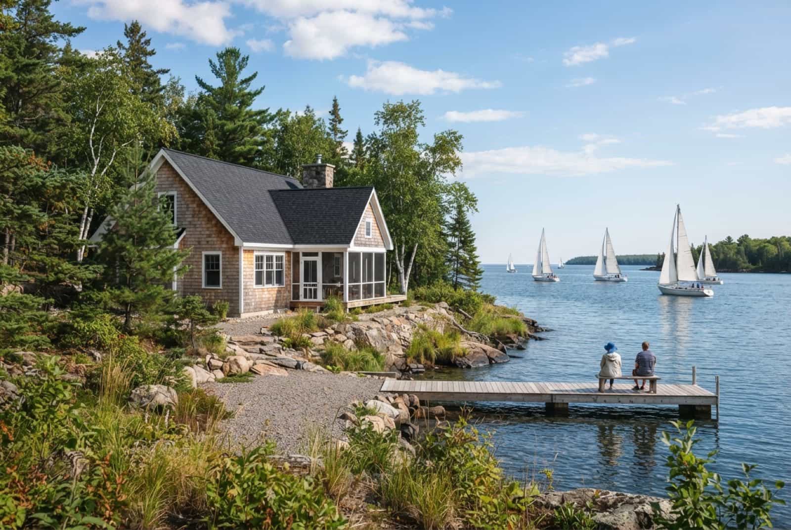 Lake Superior bayside home with a new dark shingle roof overlooking Chequamegon Bay