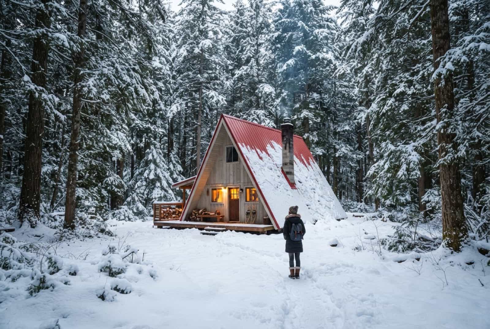 A-frame cabin with a red metal roof among hemlocks after fresh snowfall