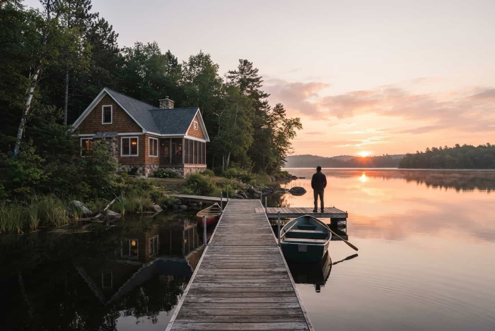 Waterfront Northwoods cottage with a new architectural shingle roof on a calm inland lake