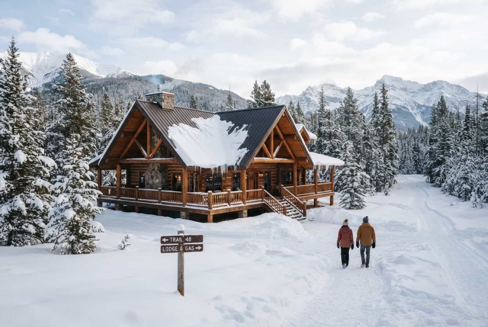 Timber lodge-style home with a snow-load-rated metal roof in deep winter