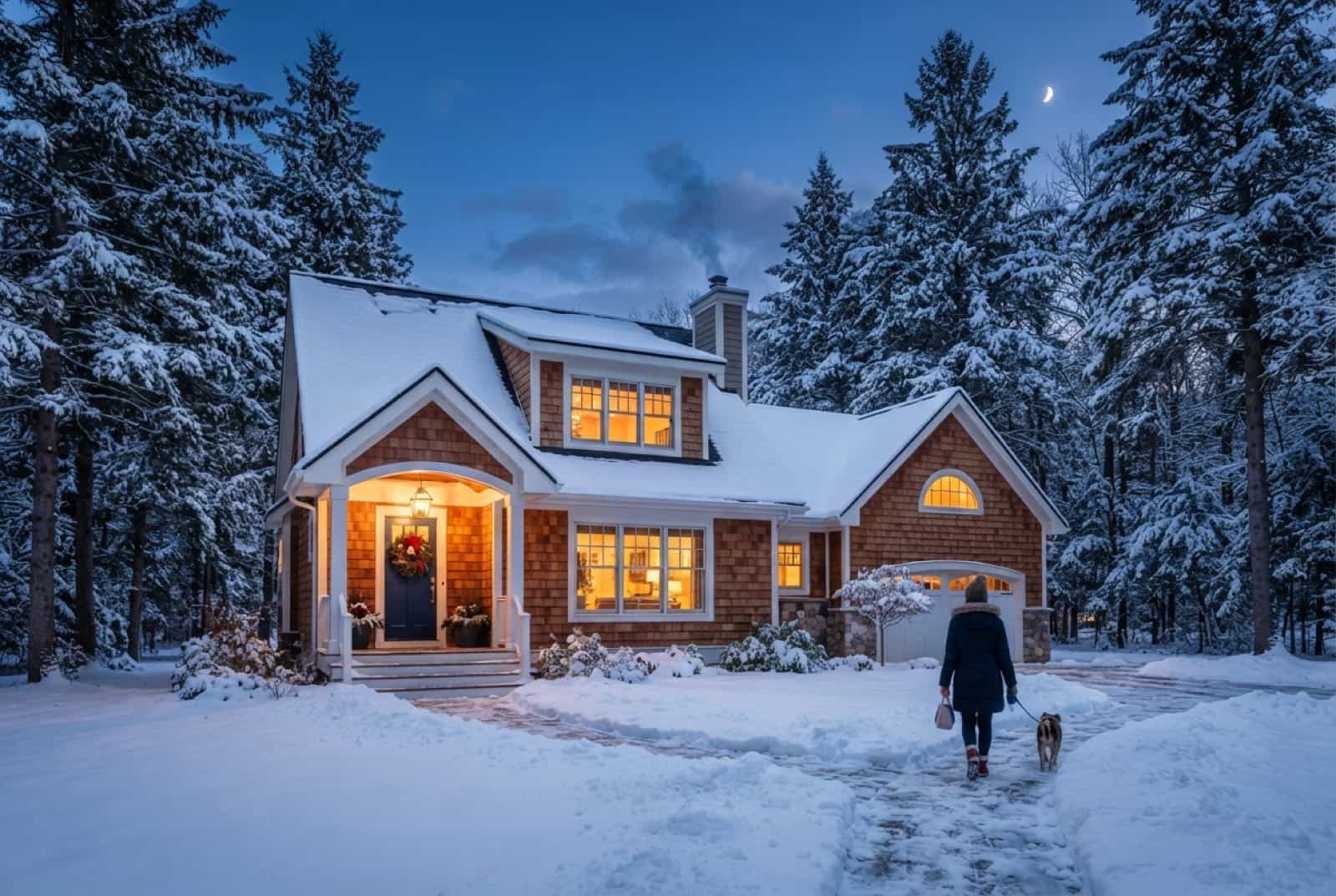 Snow-dusted Michigan home at dusk with warm window light and a solid new roof