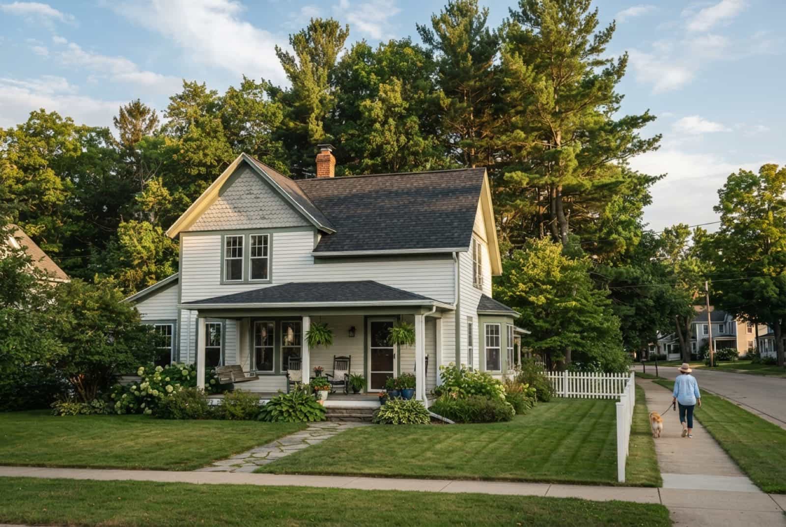 Two-story northern Michigan home with a fresh architectural asphalt shingle roof among pines