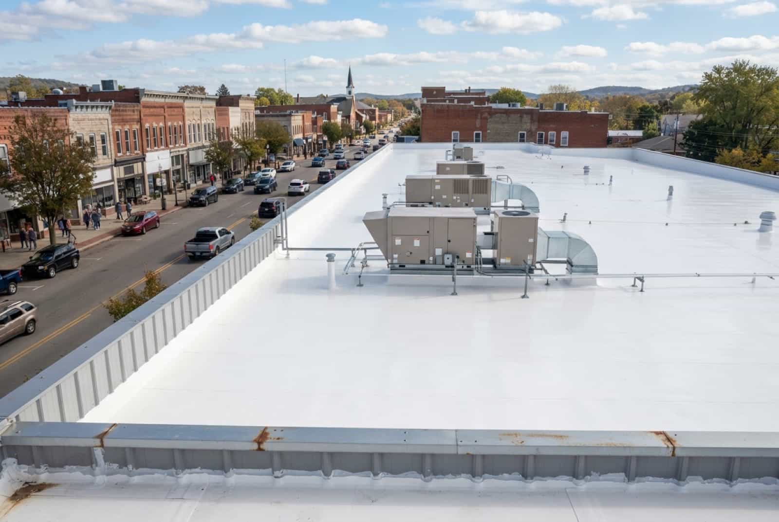 Commercial building with a new white TPO membrane roof and rooftop HVAC units