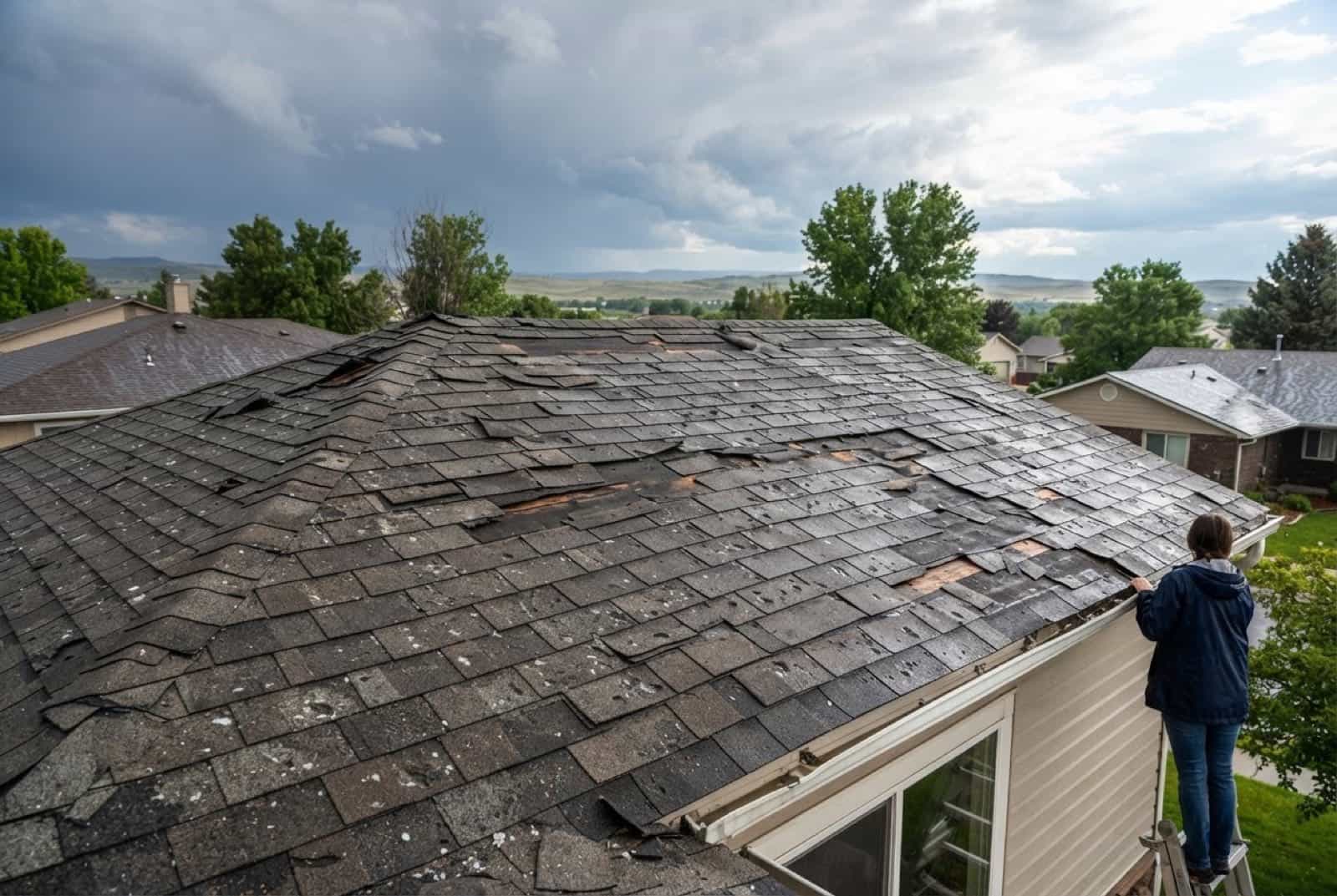 Asphalt shingle roof with hail and wind damage under a clearing storm sky