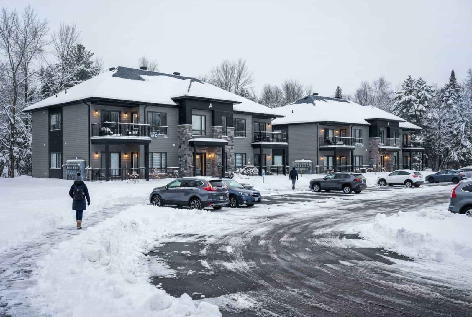 Apartment complex with new asphalt shingle roofs in northern winter light