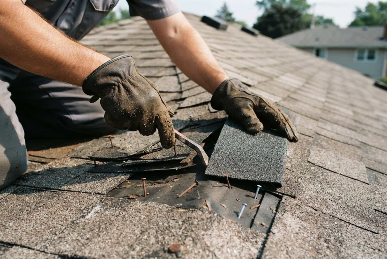 Roofer replacing damaged asphalt shingles on a section of roof