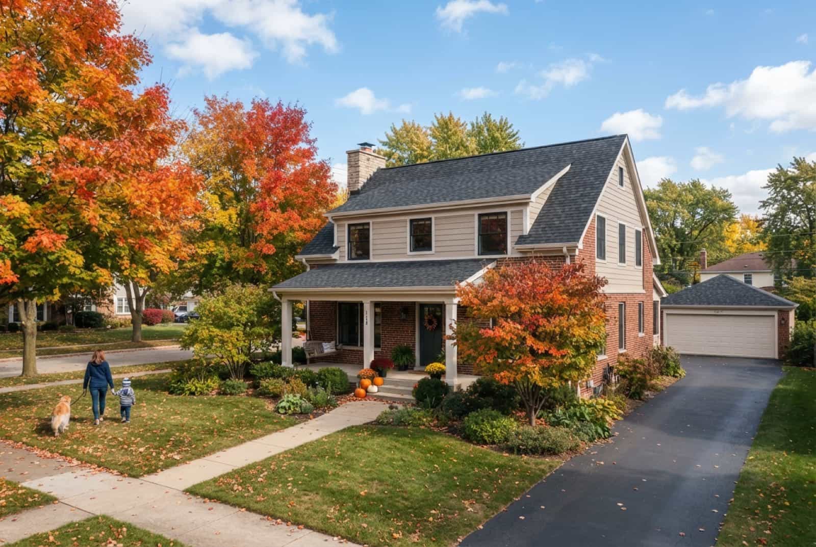 Family home with brand-new dimensional asphalt shingle roof in autumn